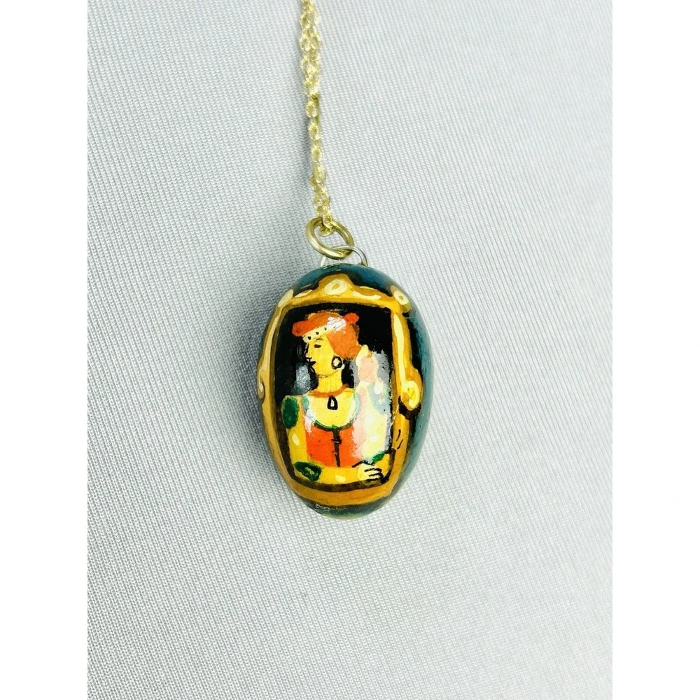 Vintage Wooden Hand Painted Egg Portrait & Flowers Pendant On Chain Necklace '85